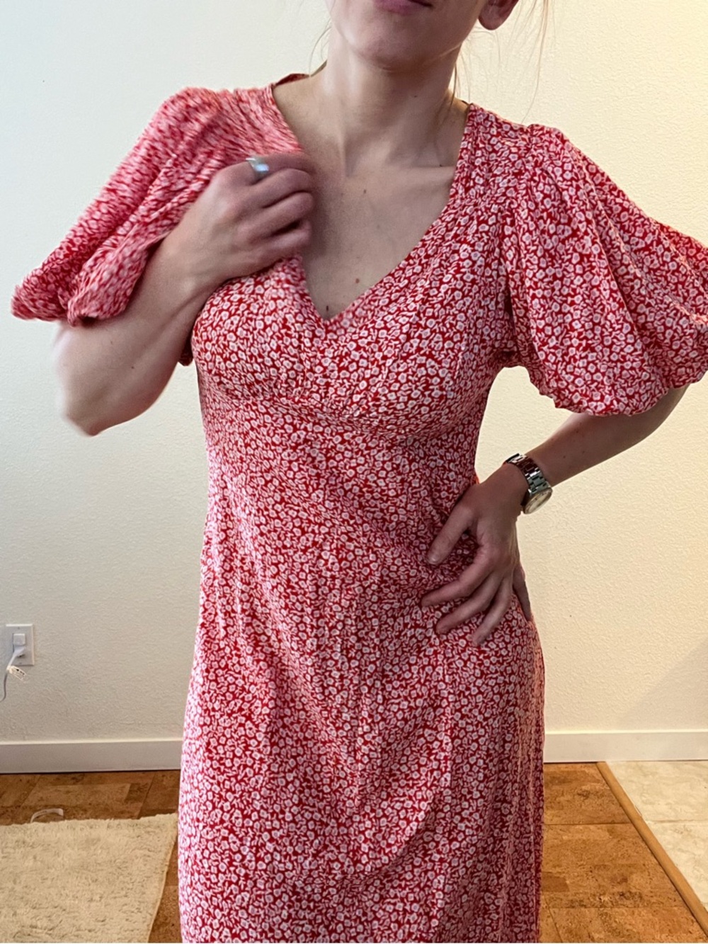 H&M Red Floral V-Neck Maxi Dress with Puff Sleeves